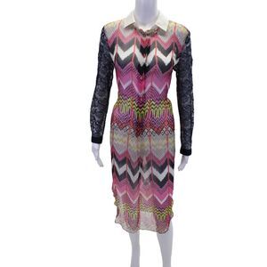 Carven Womens Lace Long Sleeve Collared Abstract Silk Dress Pink Multi EU 38
